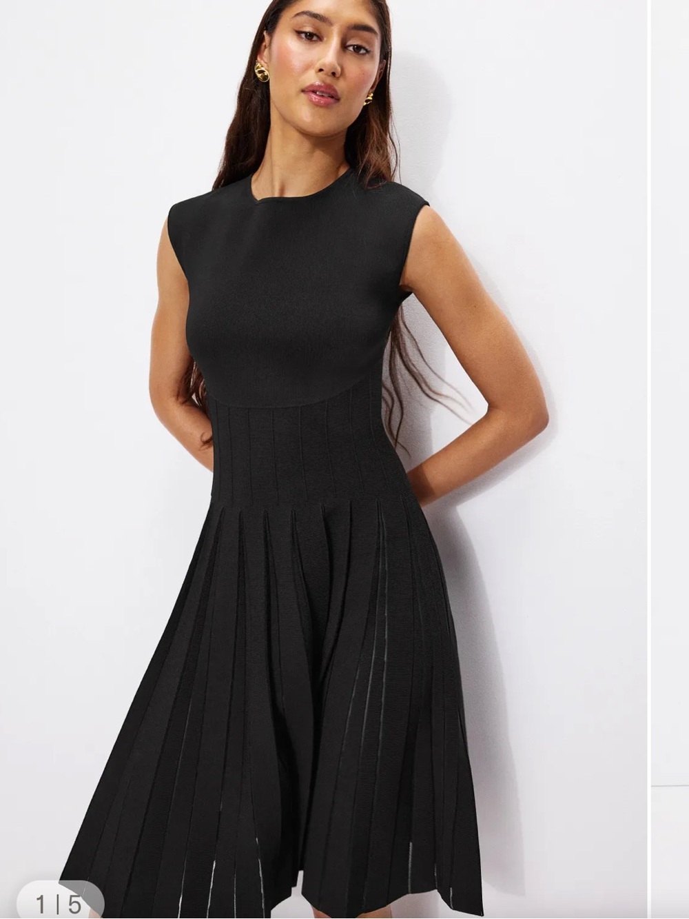 Herve Leger Annabel Black Sleeveless Pleated Fit-and-Flare Dress | M
